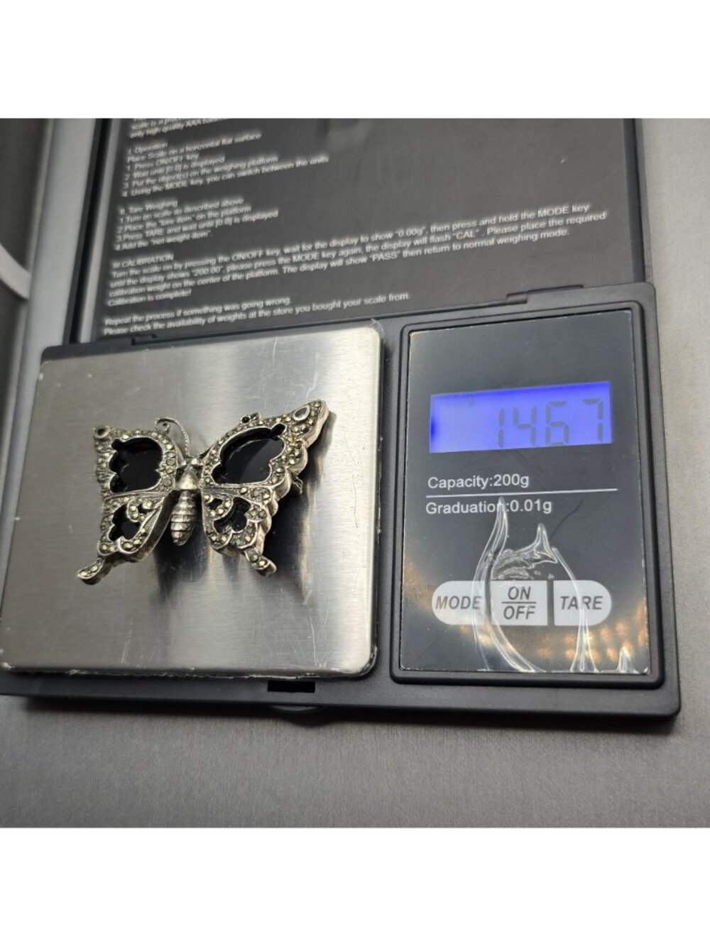 Vintage Sterling Silver Butterfly Brooch 2" Onyx Wings Marcasite Statement Piece - Picture 10 of 11